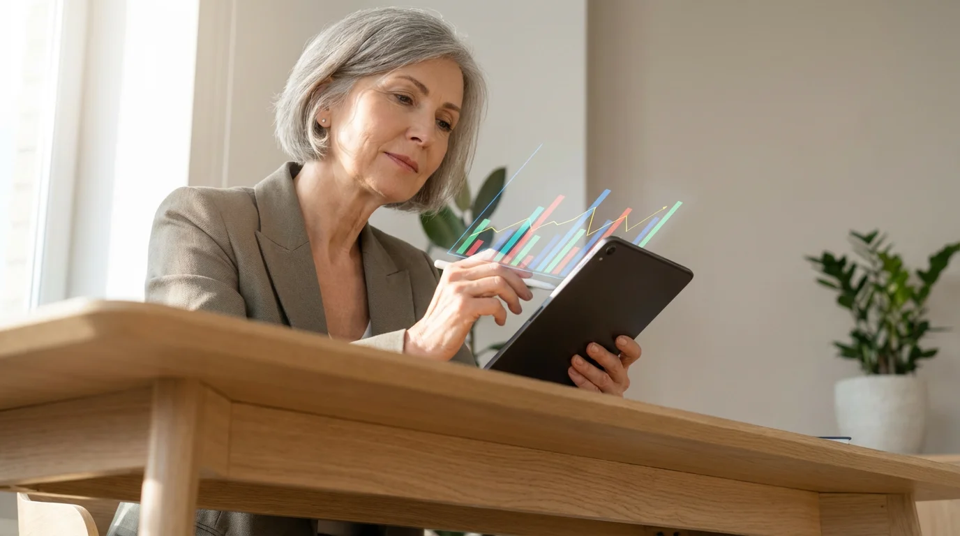 A senior woman at a desk uses a tablet and stylus to review online charts.