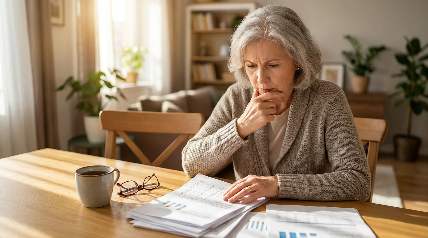 A senior woman at a table, looking concerned while reviewing complex financial documents.