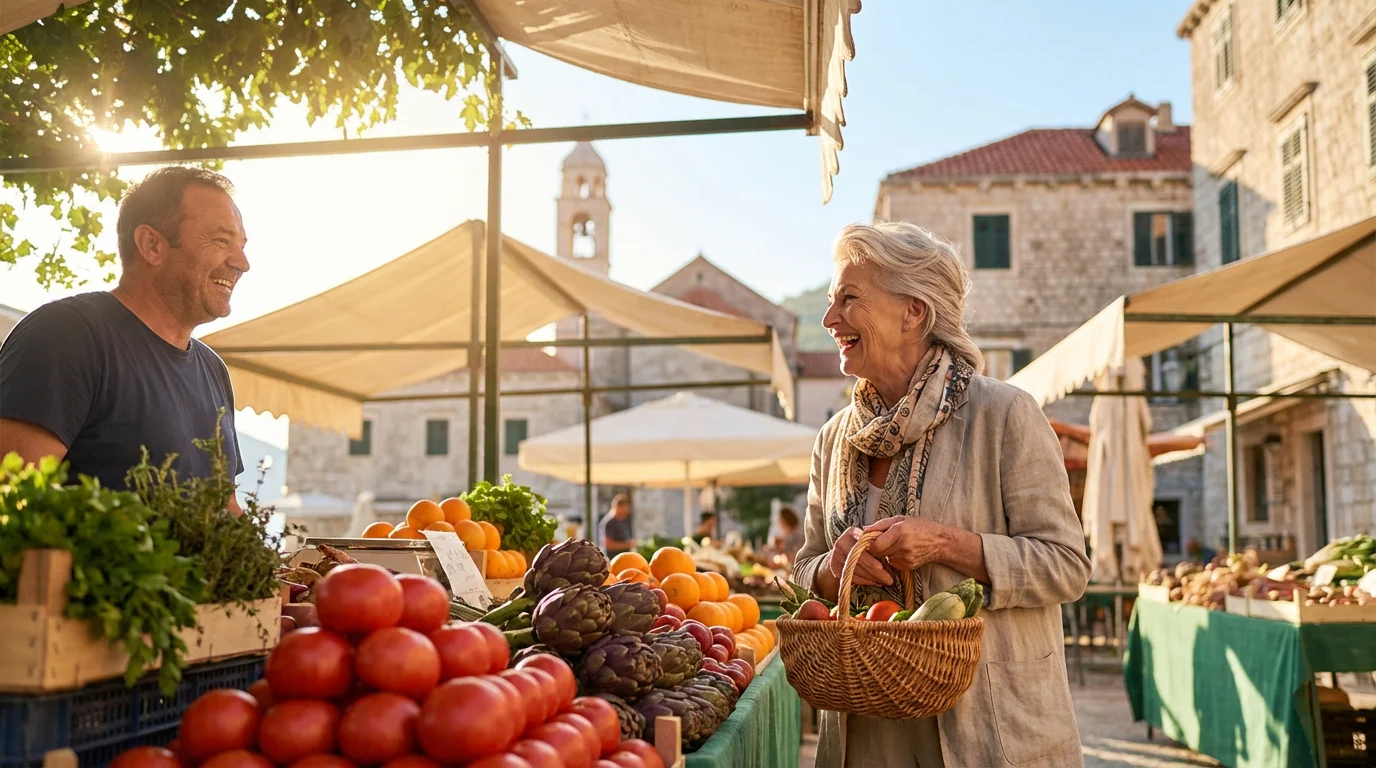 A senior woman enjoys a conversation with a vendor at a sunny European market.