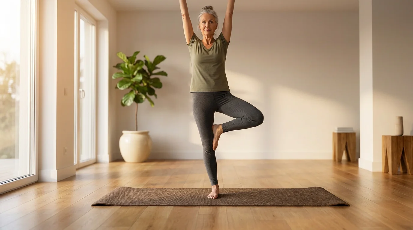 A senior woman gracefully holding a yoga pose in a sunlit, modern living room.