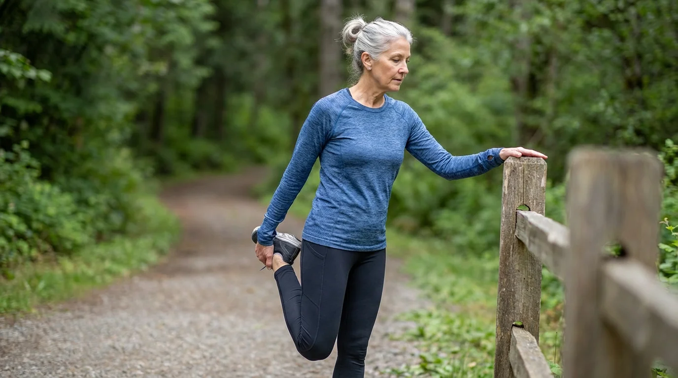 A senior woman in athletic wear stretching her leg at a forest trailhead.