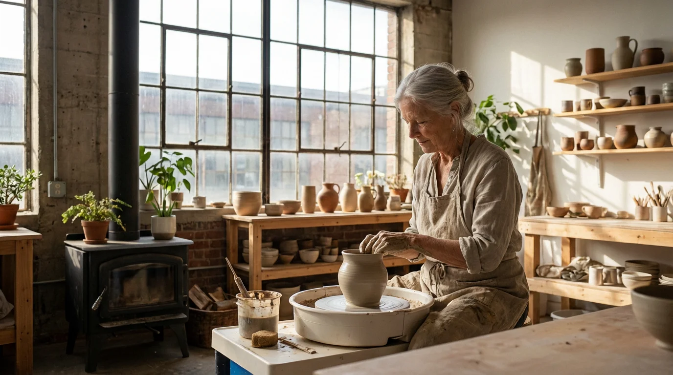 A senior woman in her sunlit pottery studio creating a clay pot on a wheel.