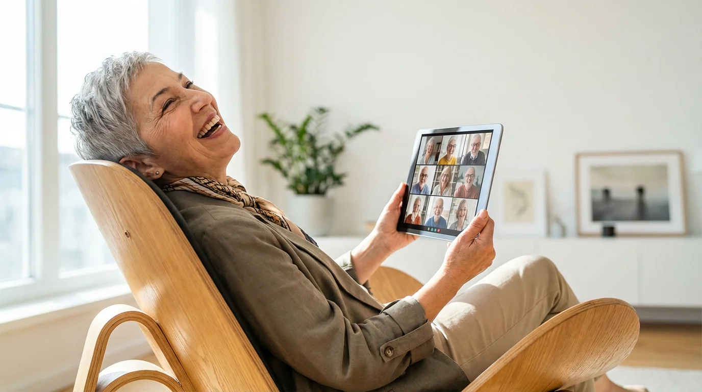 A senior woman laughs while video-chatting with a group of friends on a tablet.