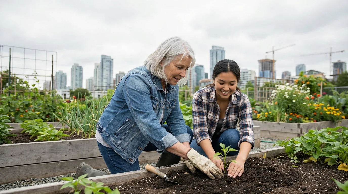 A senior woman mentors a young woman while planting together in a community garden.