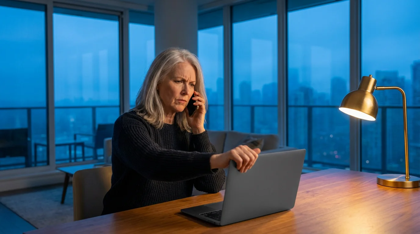 A senior woman on the phone, taking decisive action to report a potential scam.