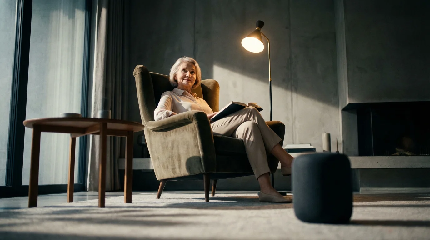 A senior woman relaxes in a chair as a smart lamp illuminates her living room.
