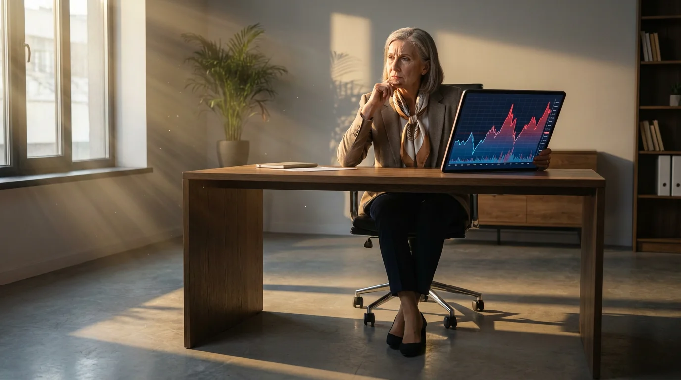 A senior woman reviews a volatile financial chart on a tablet in a moody, sunlit office.