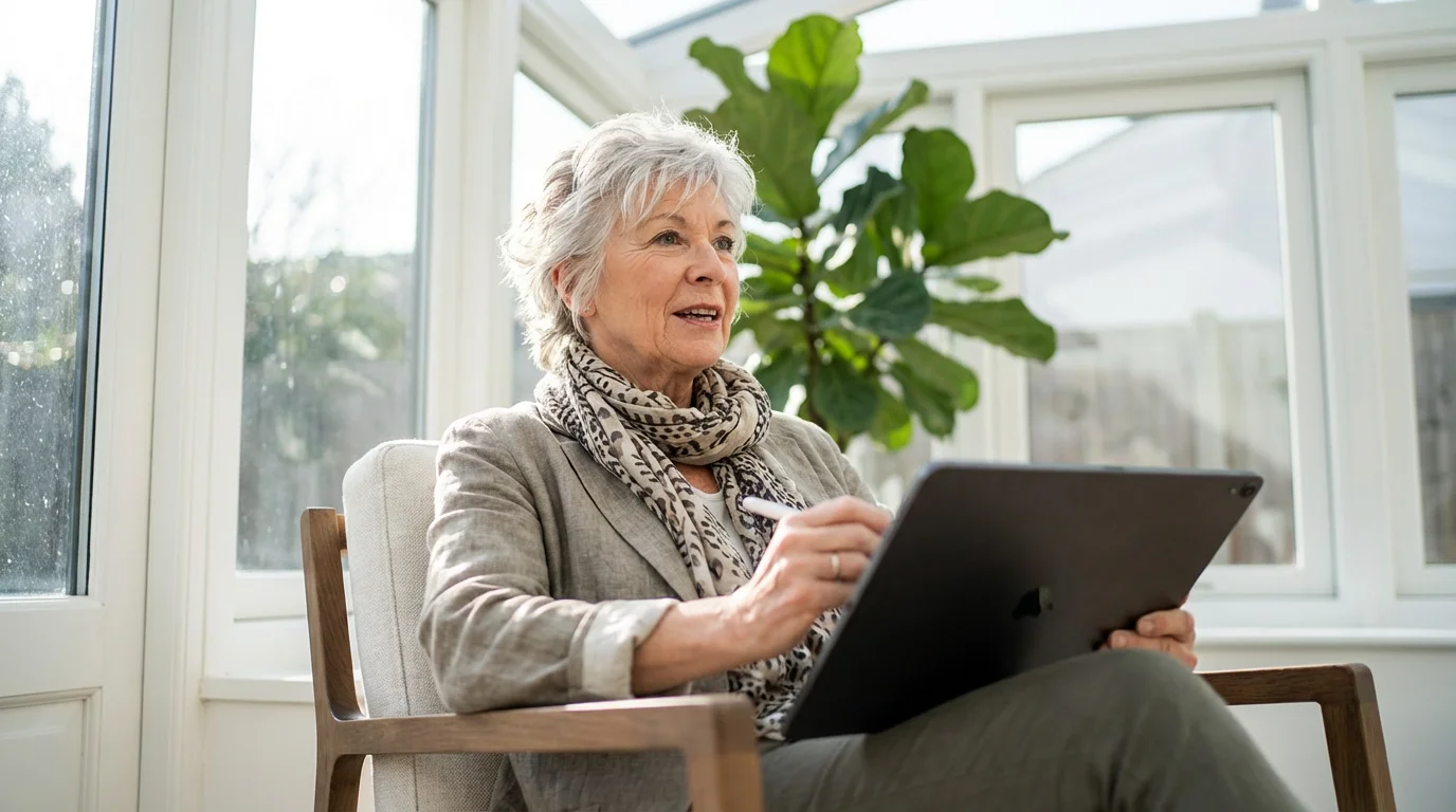 A senior woman sits in a sunlit room, using a stylus on a tablet.