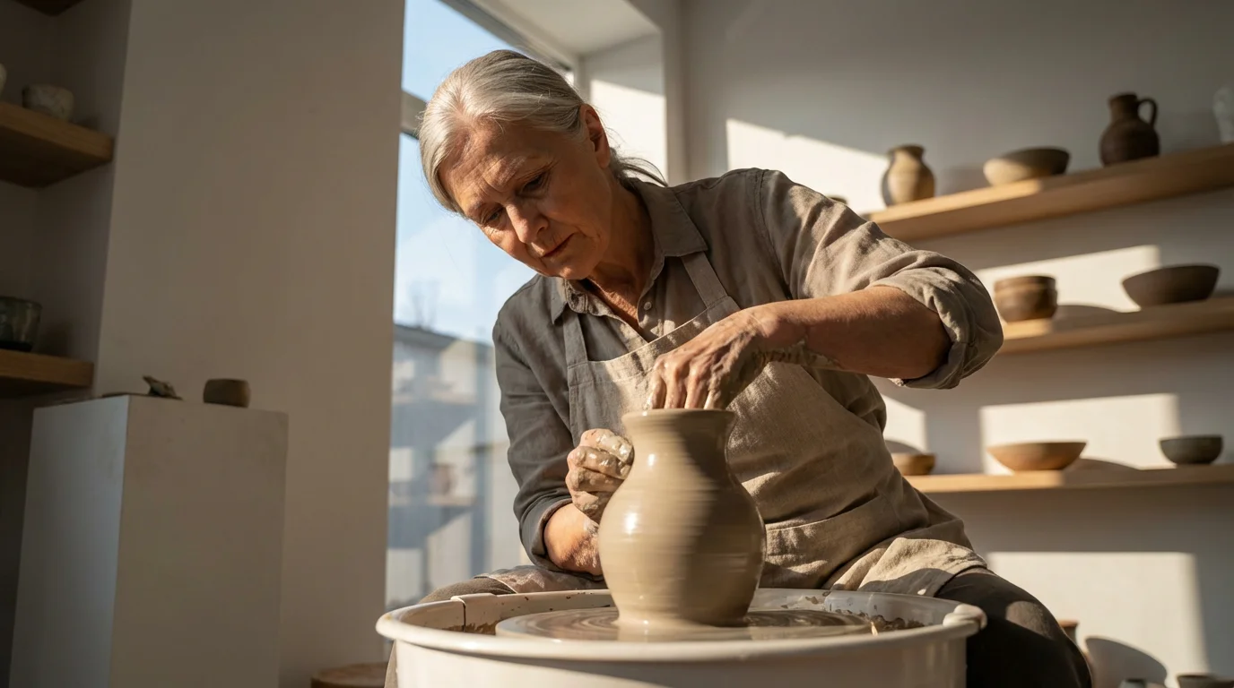 A senior woman skillfully shapes clay on a potter's wheel in her sunlit studio.