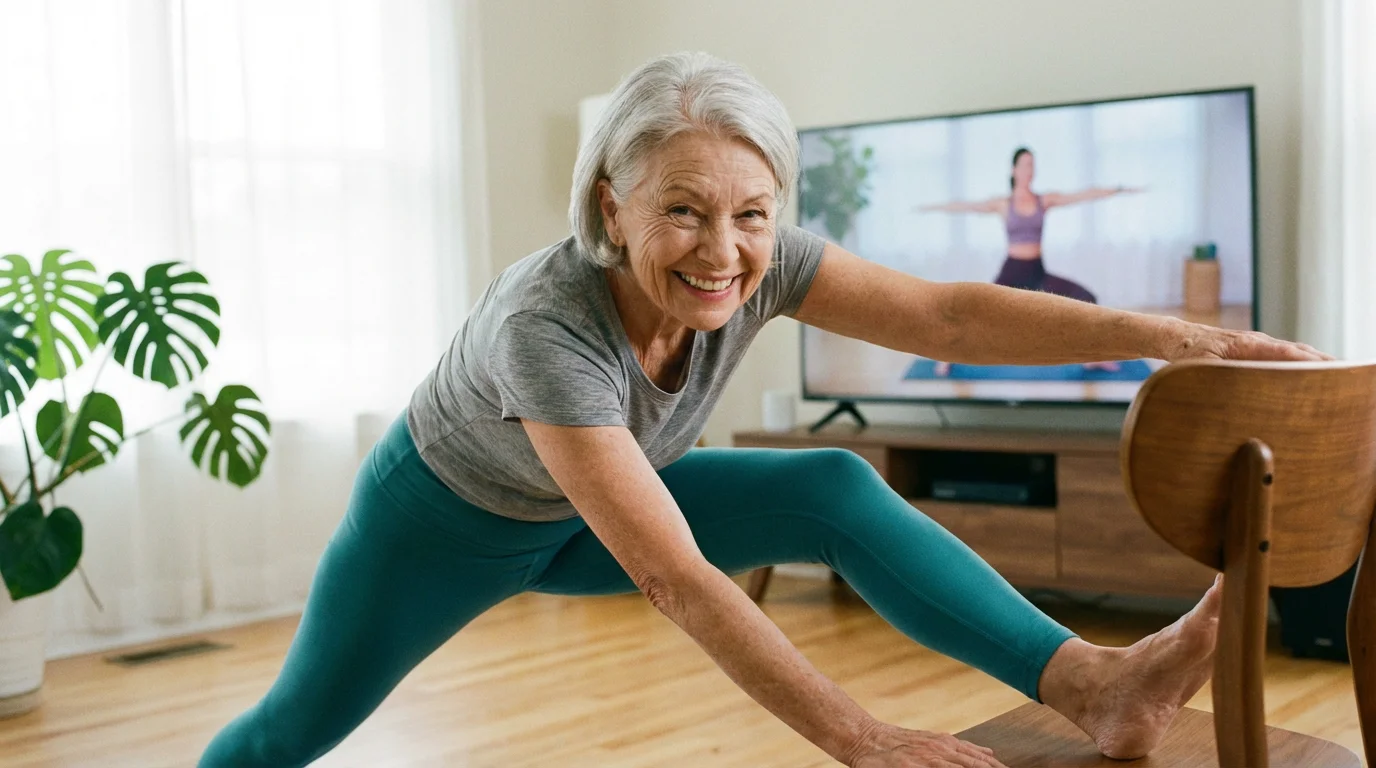 A senior woman smiles while doing a modified yoga pose during a virtual fitness class.