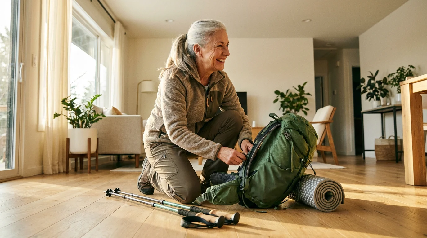 A senior woman smiles while packing her lightweight backpack on a sunlit living room floor.
