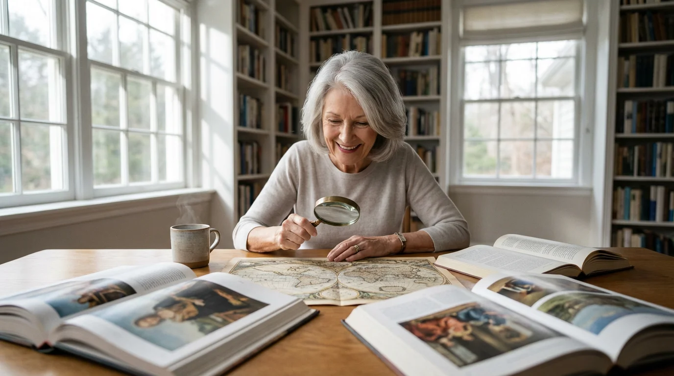 A senior woman studies a world map in a bright, sunlit home library.