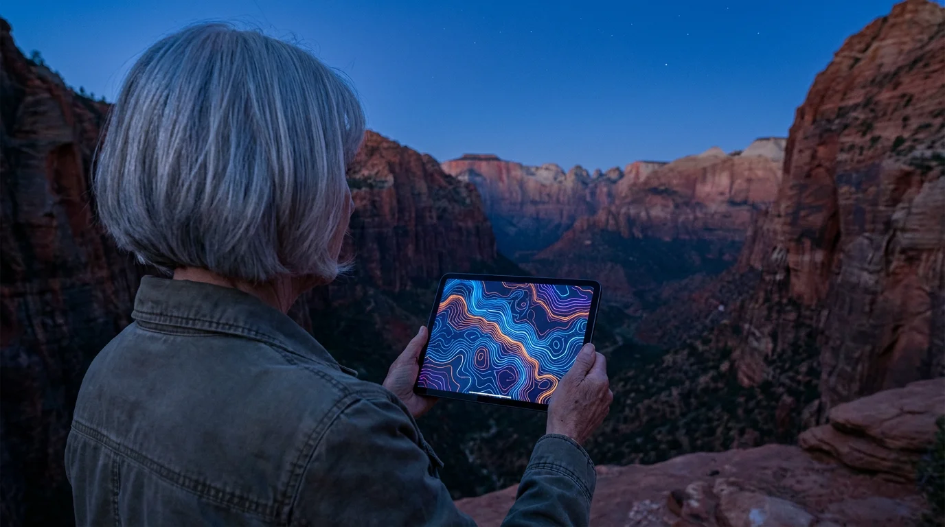 A senior woman using a tablet to navigate at a national park overlook during twilight.