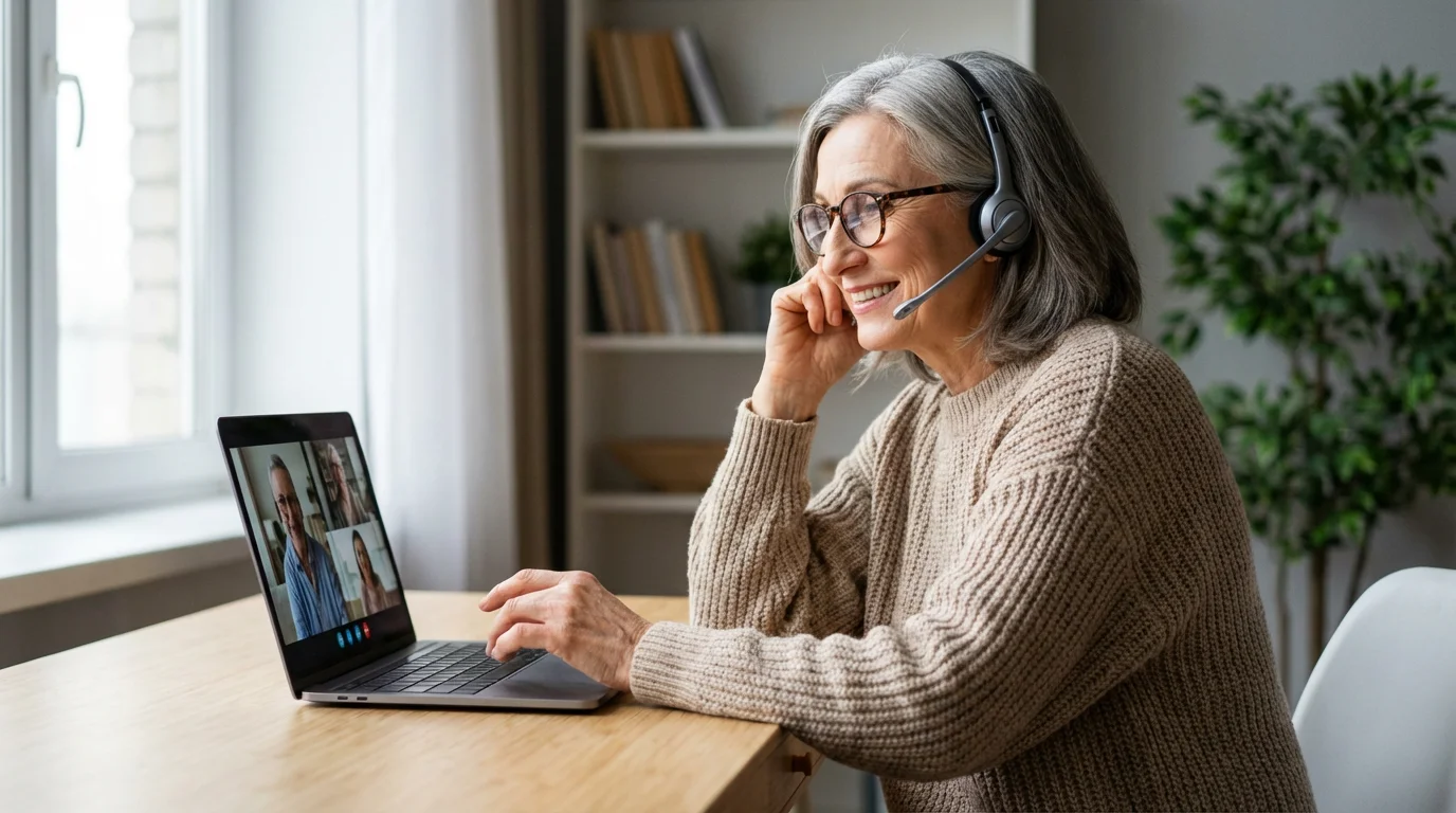 A senior woman with glasses smiles while volunteering remotely on a laptop from home.