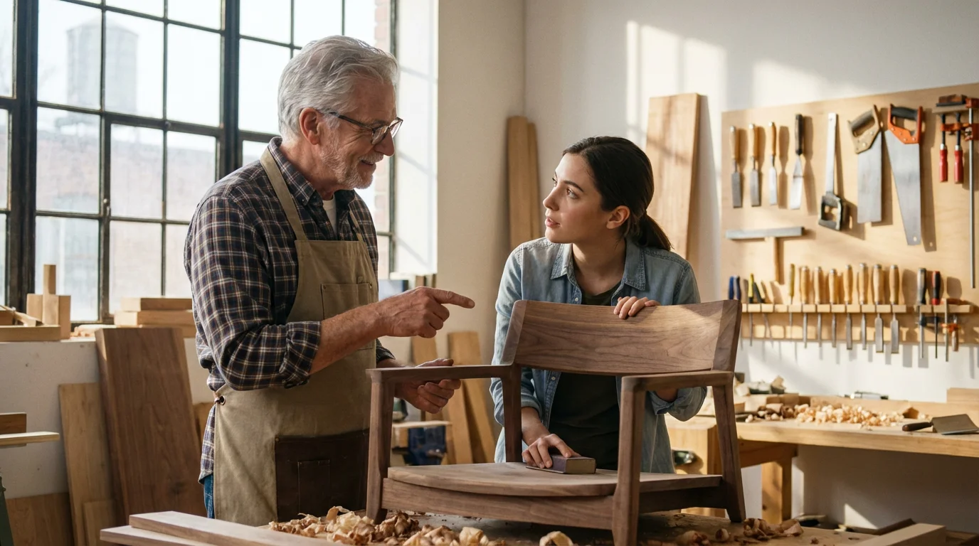 A senior woodworker mentoring a younger woman in a sunlit, professional workshop studio.