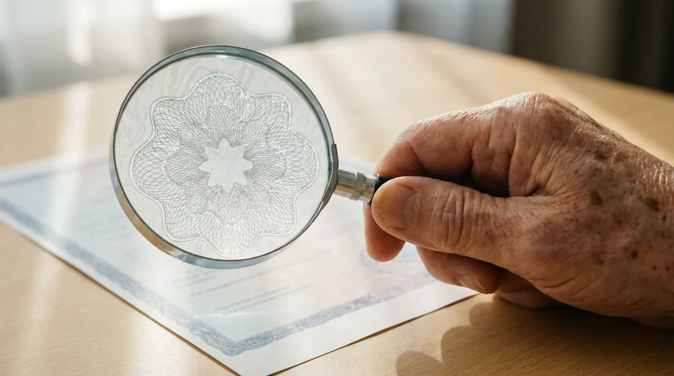 A senior's hand uses a magnifying glass to inspect an official document for verification.