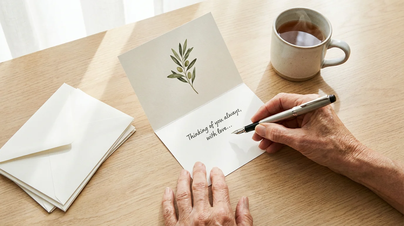 A senior's hands writing a heartfelt card on a bright, sunlit wooden desk.