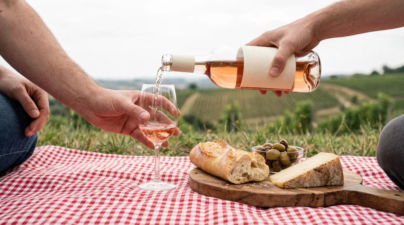 A simple, elegant picnic with wine, cheese, and bread overlooking a vineyard.