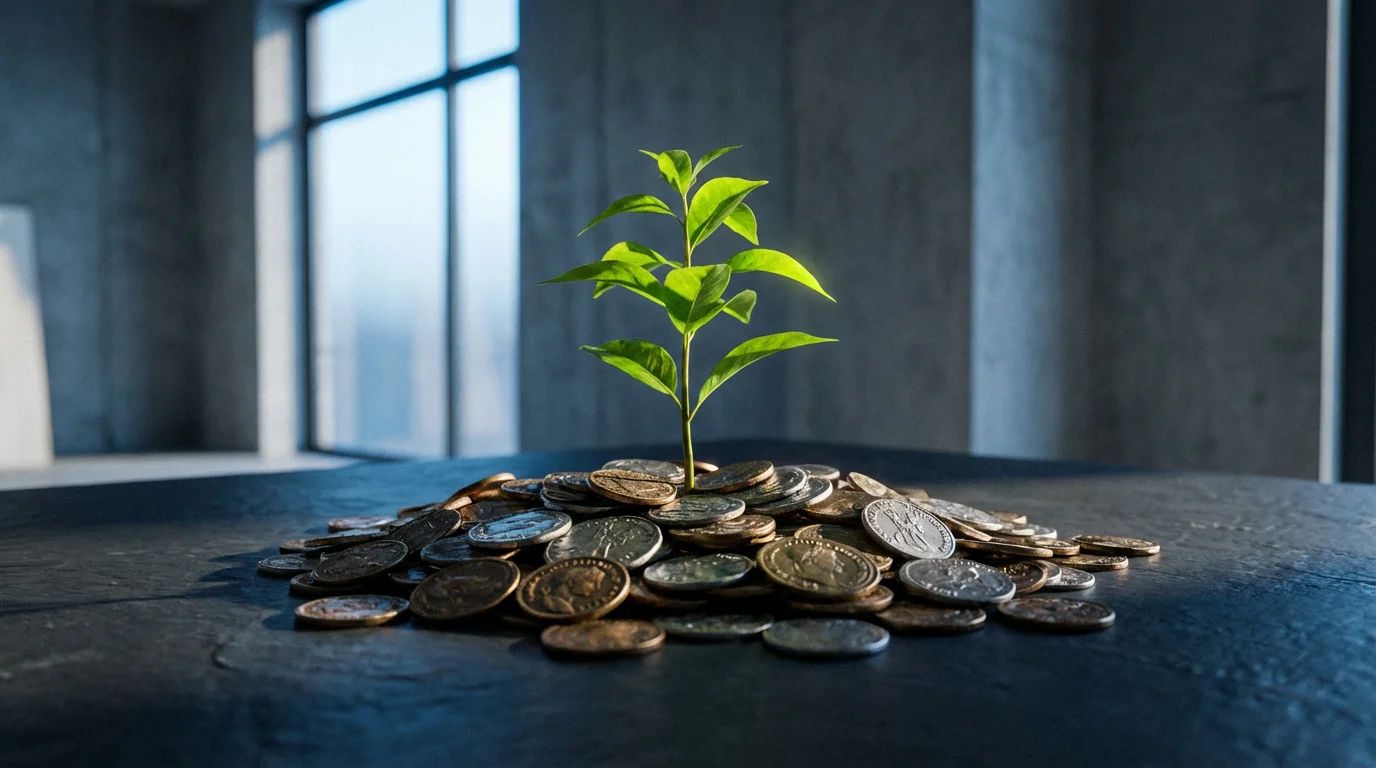 A small green sapling plant growing from a pile of old coins, photographed from a low angle during blue hour.