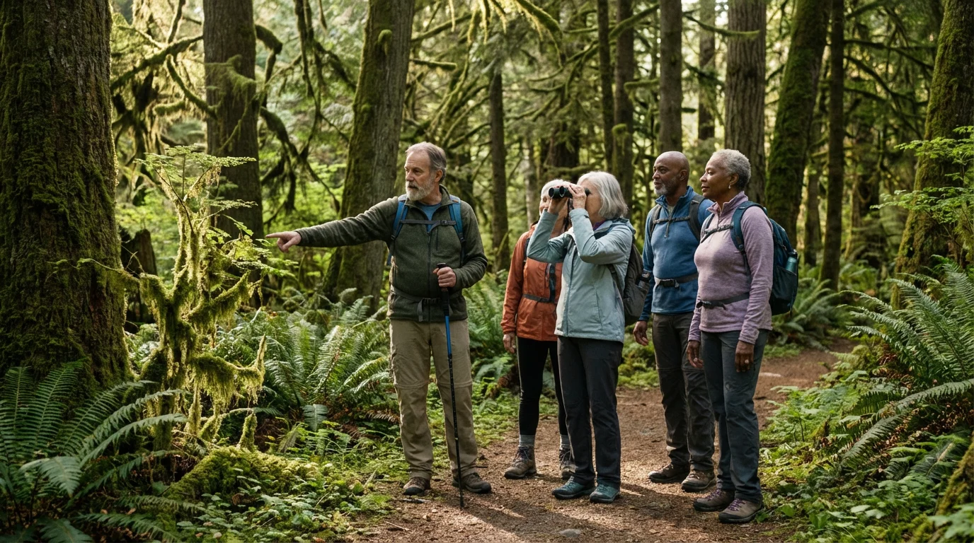 A small group of seniors on a guided educational hike in a sunlit forest.