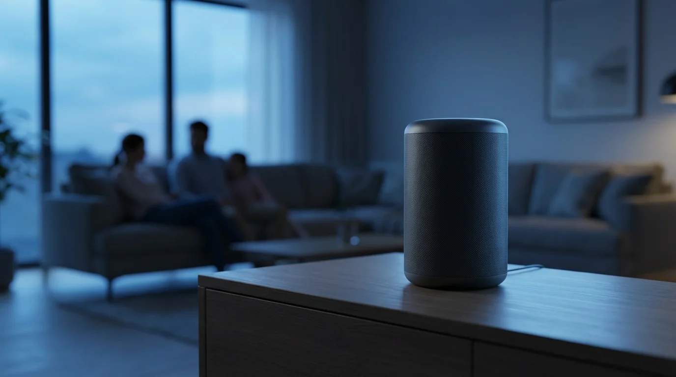 A smart speaker on a table in a modern living room during evening blue hour.