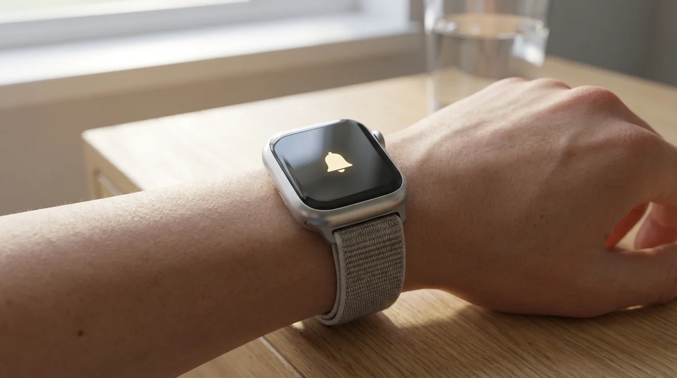 A smartwatch on a wrist shows a simple bell icon for a medication reminder.