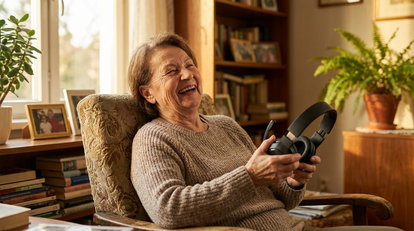 A smiling grandmother holding a gaming headset during golden hour in her living room.