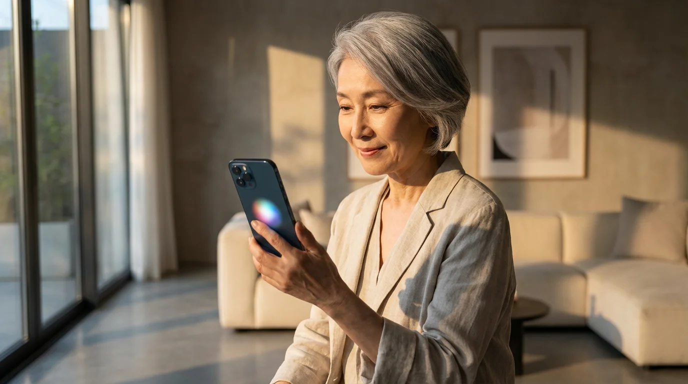 A sophisticated older woman using a smartphone for charitable giving in a warmly lit room.
