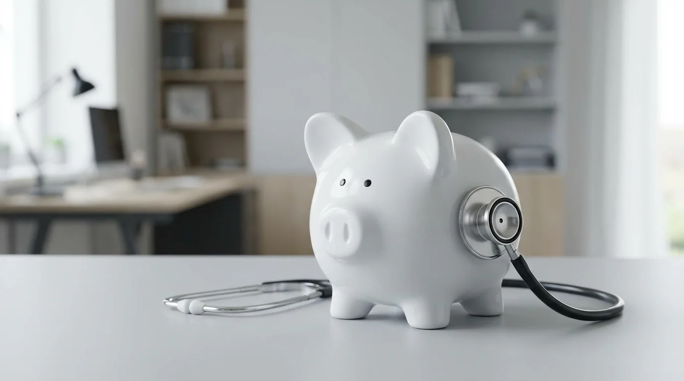 A stethoscope rests against a white ceramic piggy bank on a modern minimalist table.