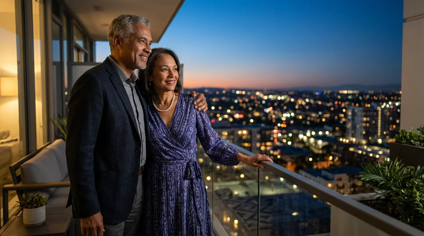 A stylish, older couple on a modern city balcony at dusk, overlooking twinkling city lights.