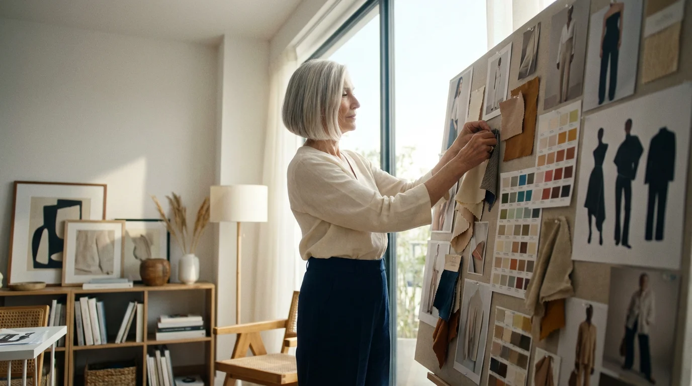 A stylish senior woman confidently creating a fashion mood board in a sunny room.