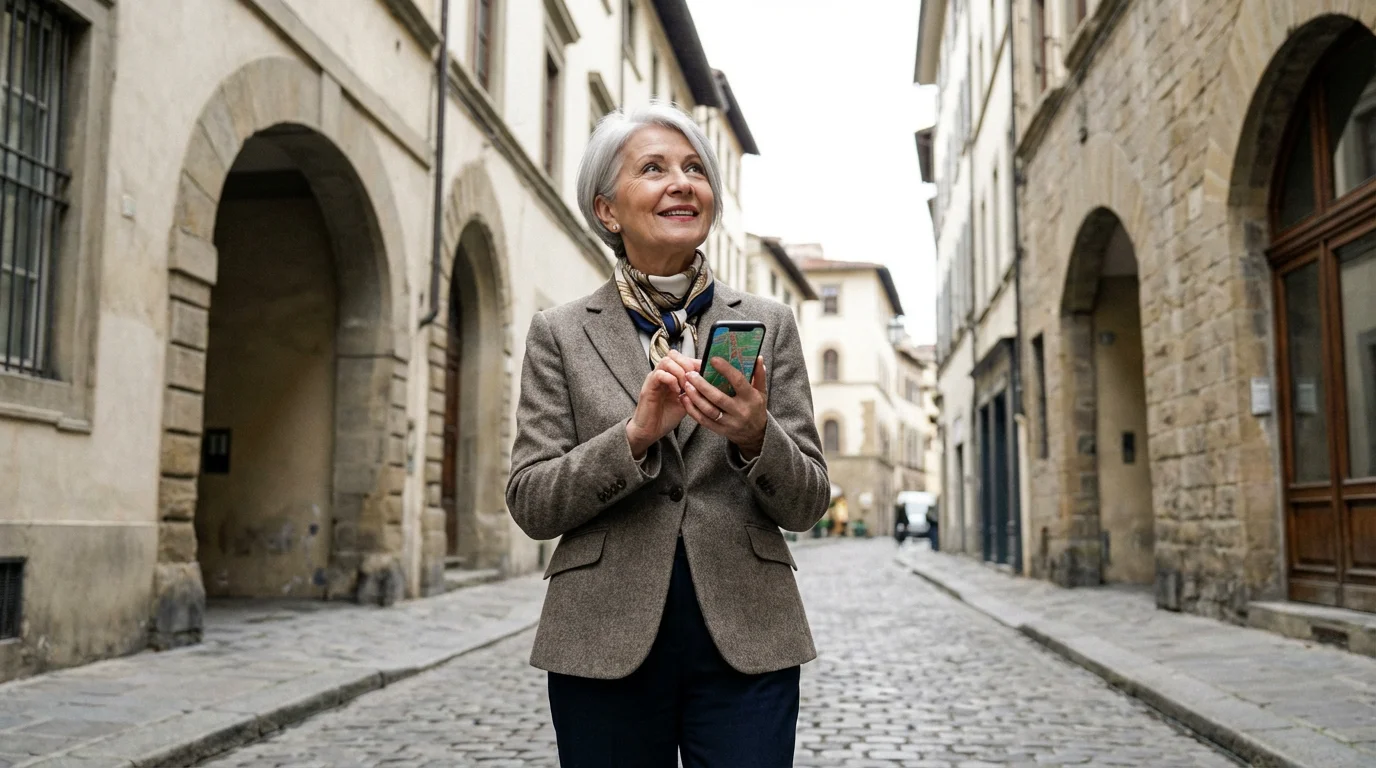 A stylish senior woman smiles while using a travel app on her smartphone.