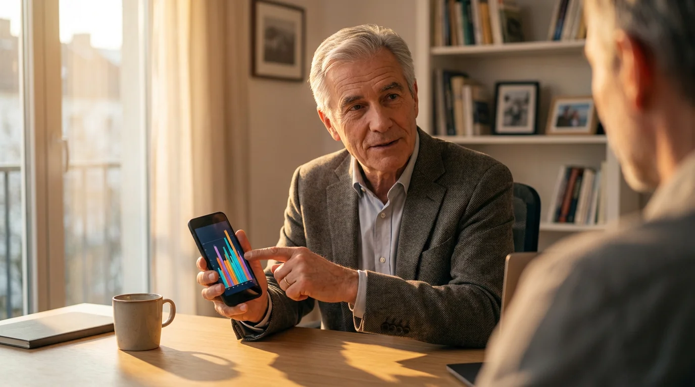 A tech-savvy retiree at a desk points to a financial graph on his smartphone.