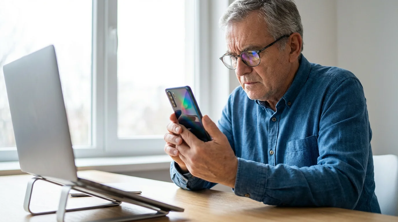 A thoughtful senior man with a concerned expression looking at a modern smartphone.