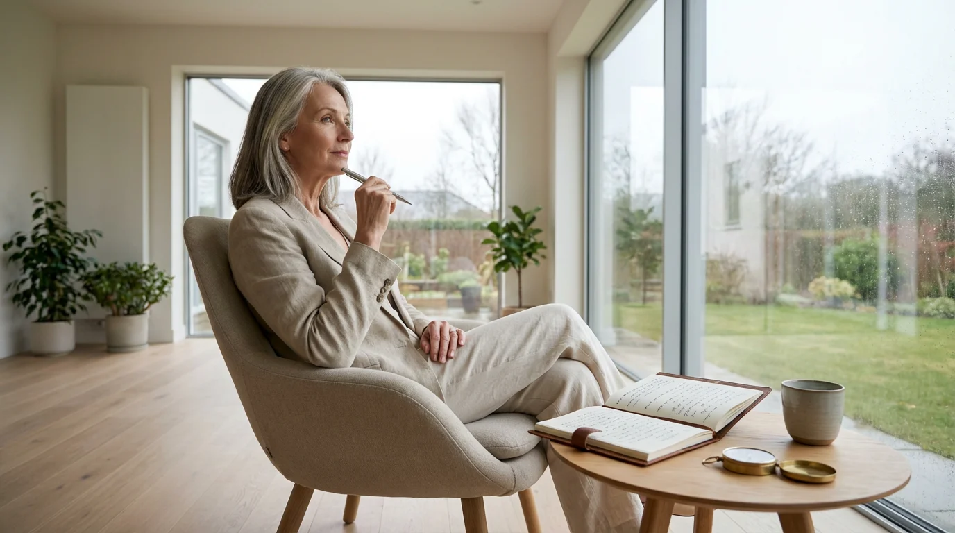 A thoughtful woman in her 60s planning her retirement in a bright modern sunroom.