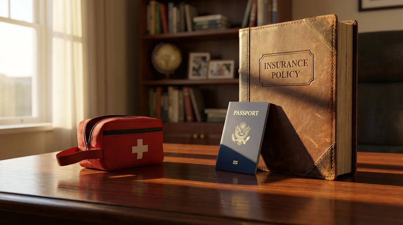 A travel insurance policy, passport, and first-aid kit on a desk in afternoon light.