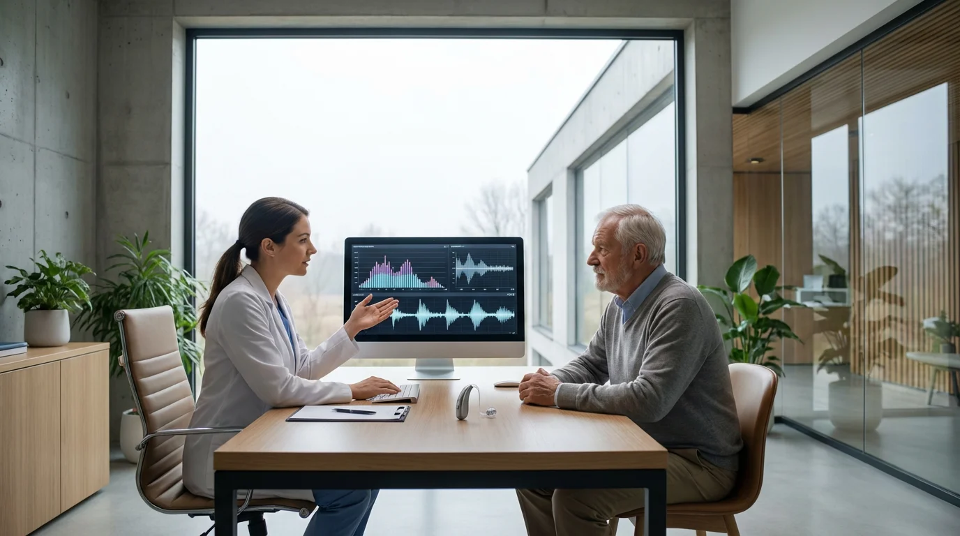 A wide photograph of a modern audiology clinic with an audiologist and senior patient.