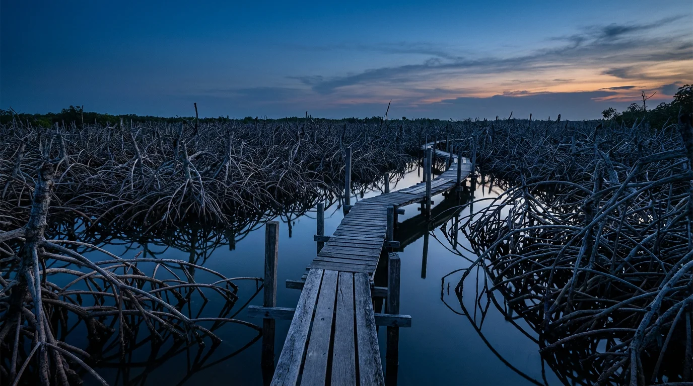 A winding wooden boardwalk navigates through a complex maze of mangrove roots in water during blue hour.