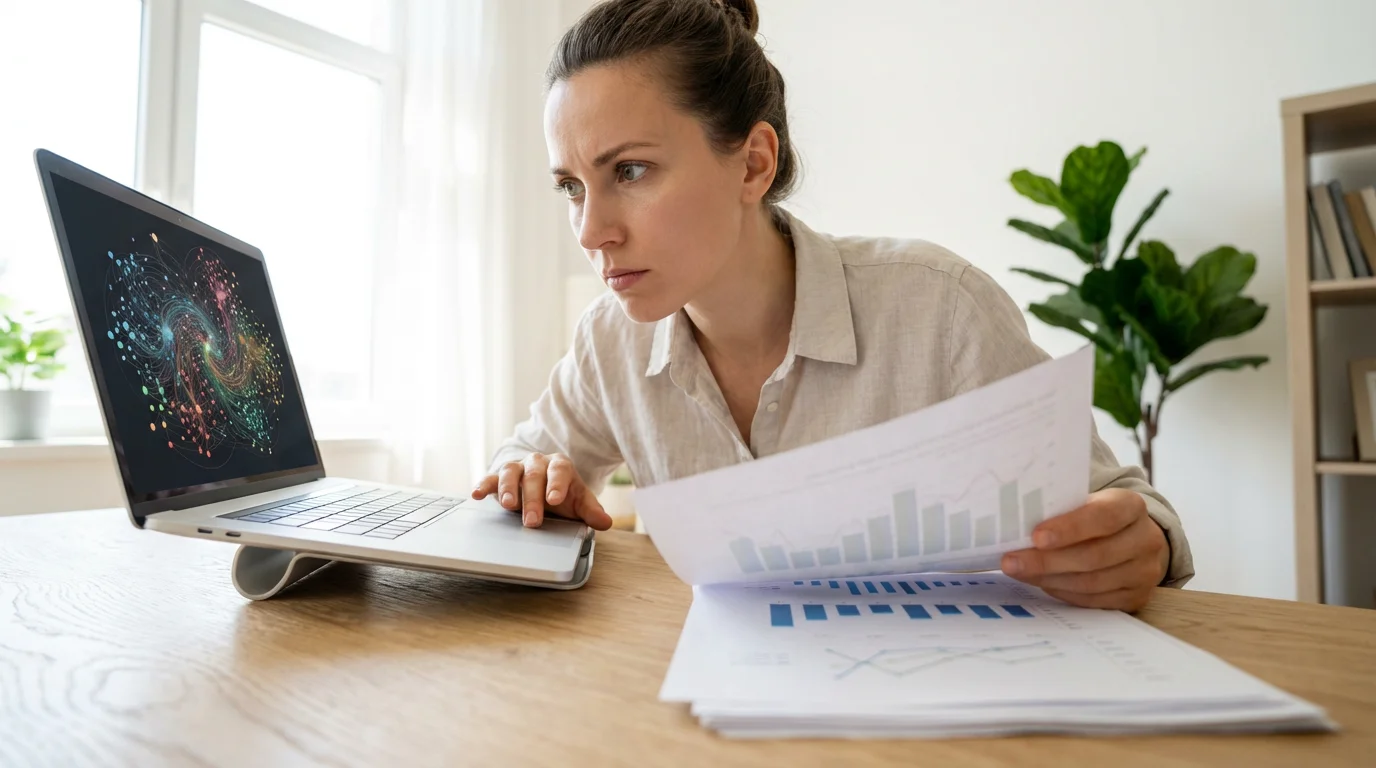 A woman at her desk uses a laptop to understand a medical health report.