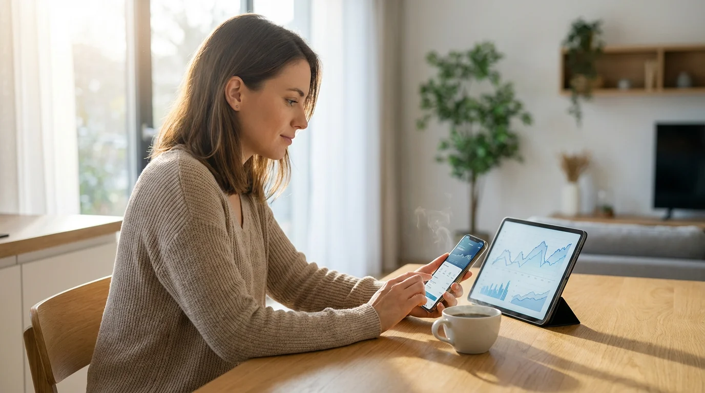 A woman at her kitchen table using a smartphone for online banking in morning light.