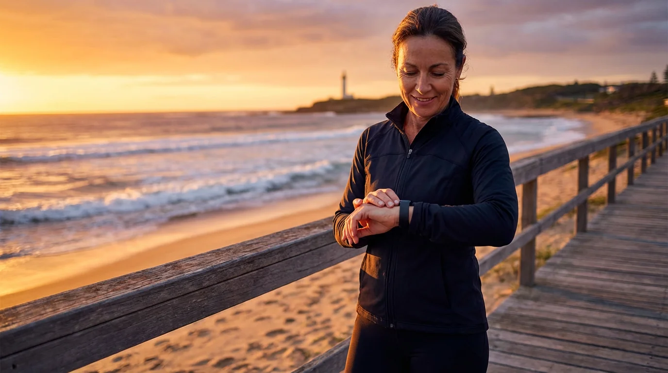 A woman checks her activity tracker on a coastal boardwalk during a golden hour run.