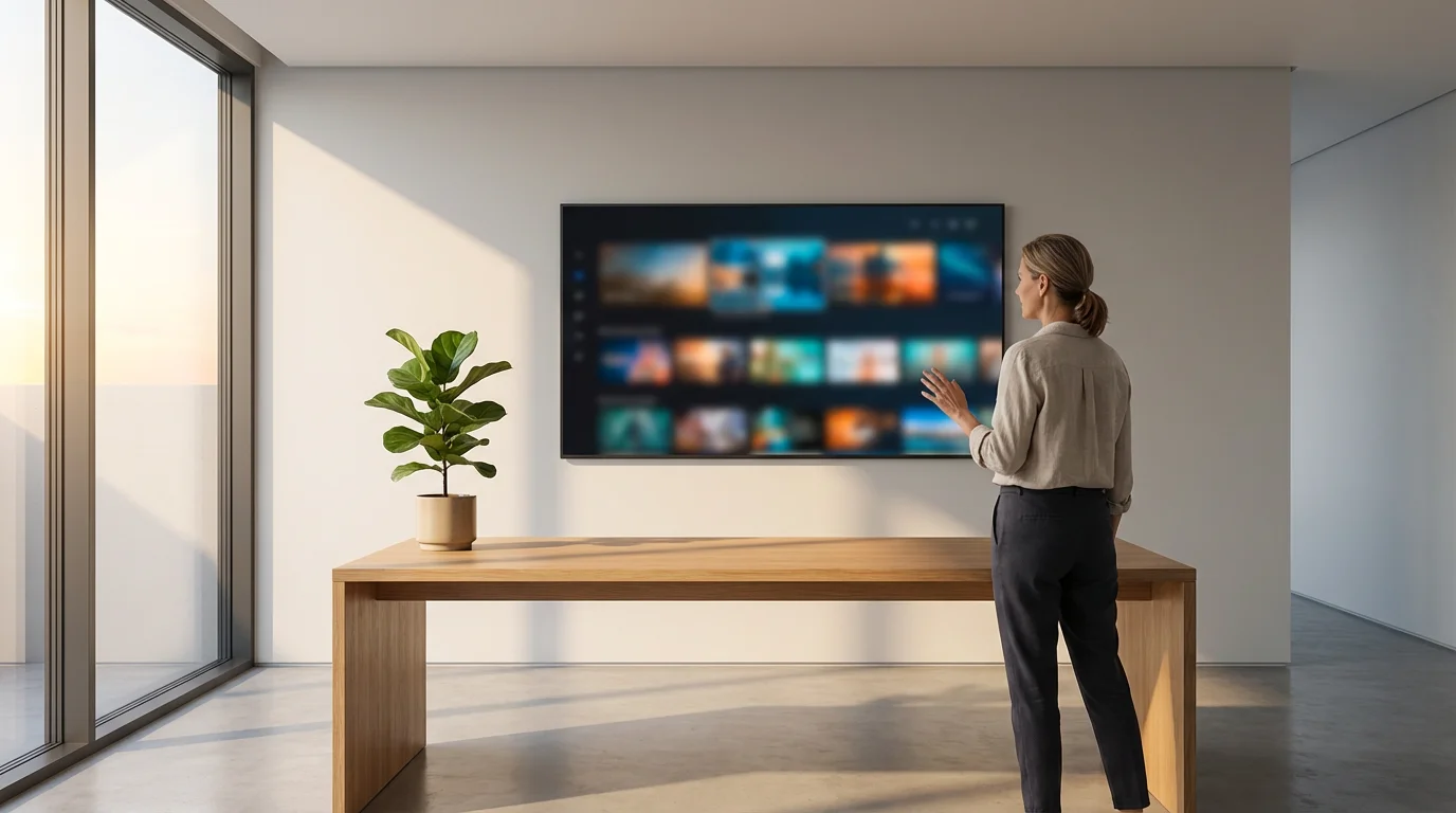A woman curates a large screen of abstract digital assets in a sunlit room.