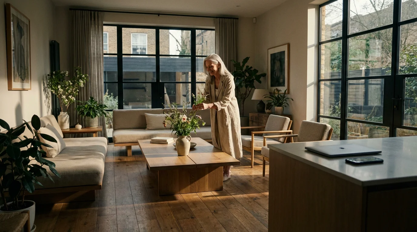 A woman enjoys a quiet afternoon at home, creating a boundary from digital devices.