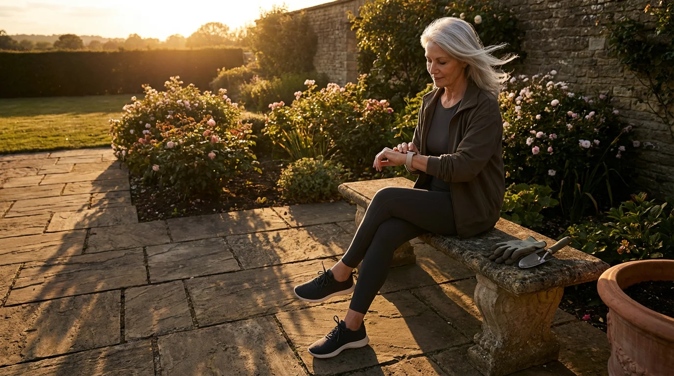 A woman in a garden in the late afternoon checks her fitness tracker.