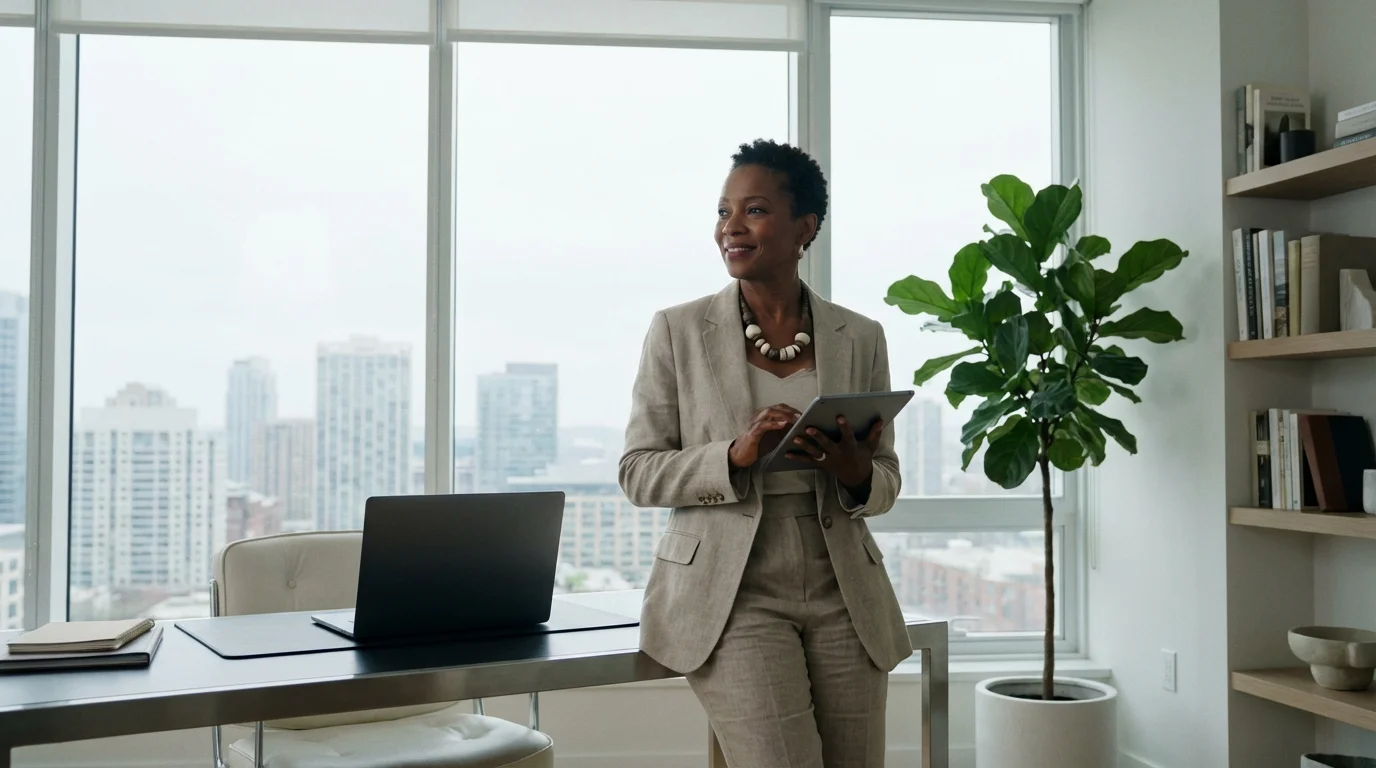A woman in a modern home office with a tablet, planning her retirement savings.