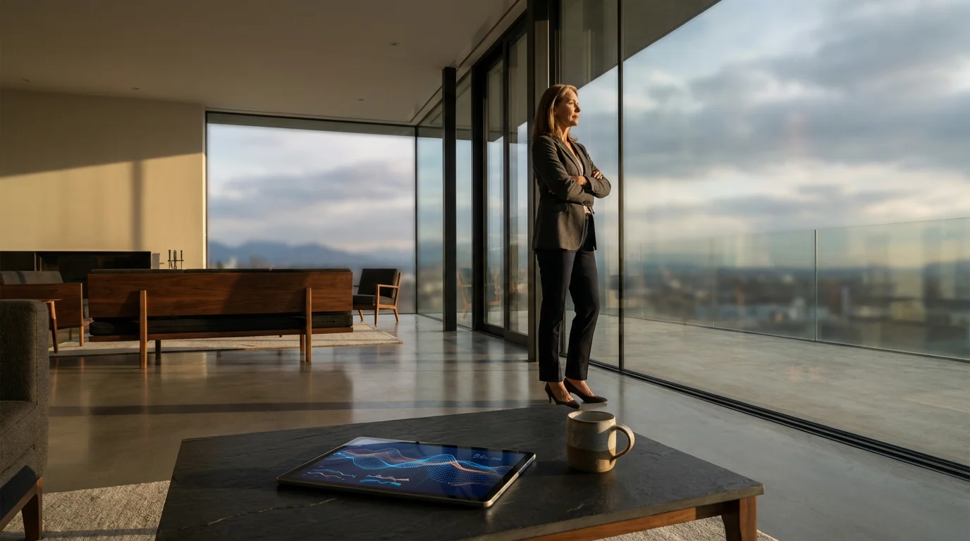 A woman in a modern living room looks out a window, planning for retirement.