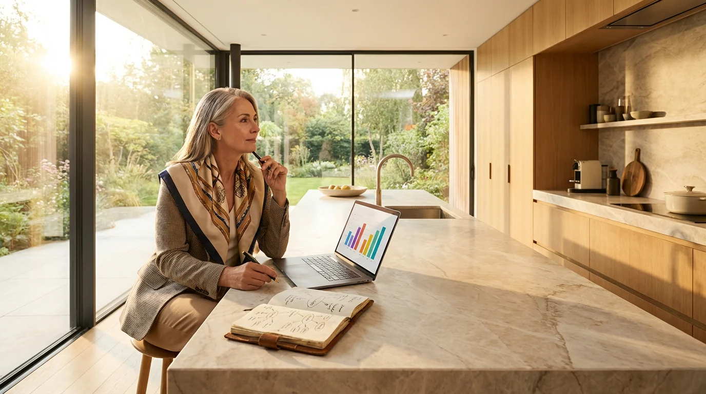 A woman in a modern sunlit kitchen plans her retirement with a laptop and journal.