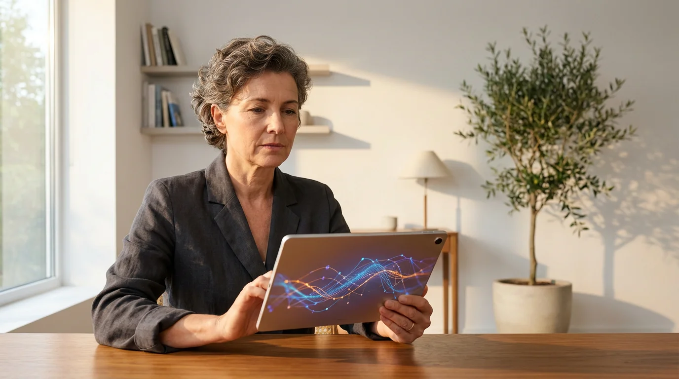A woman in a sunlit office thoughtfully reviews financial data visualizations on a tablet.