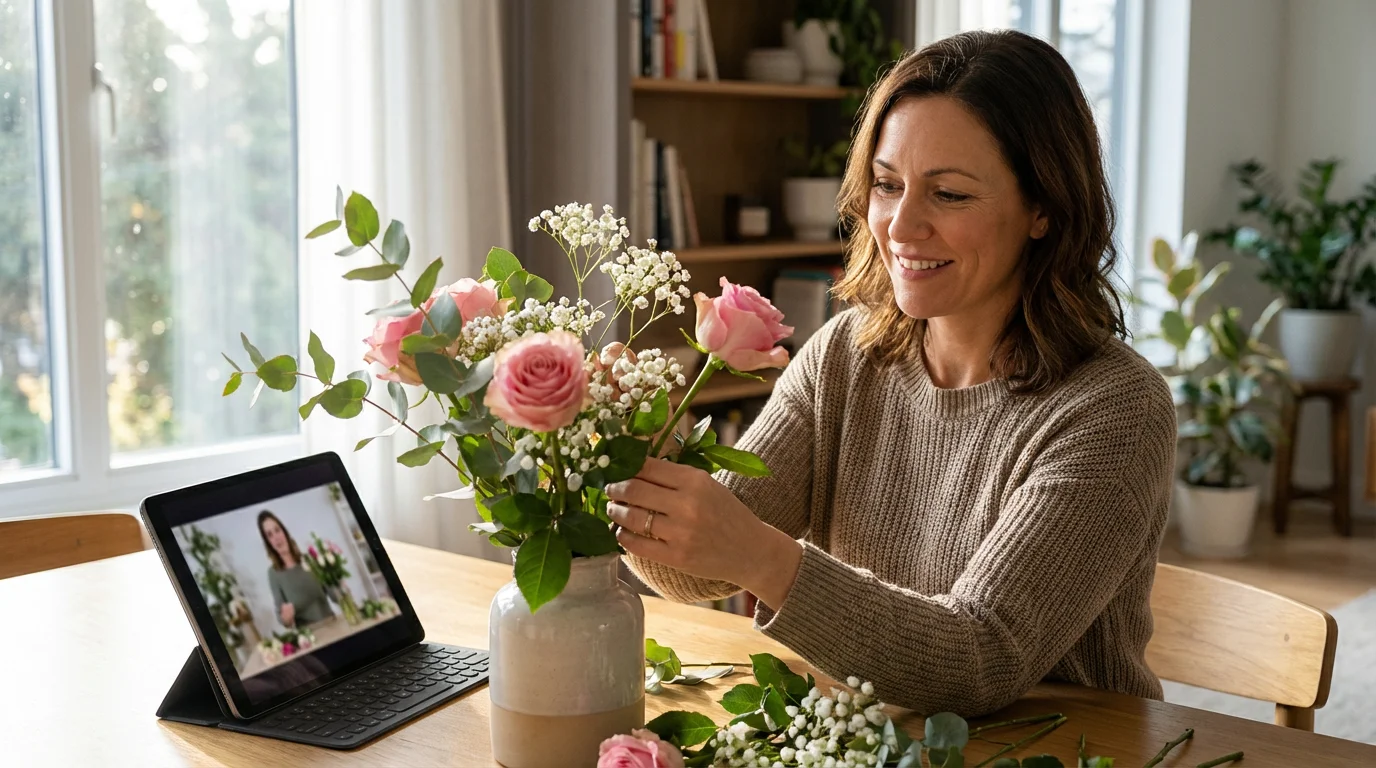 A woman in a sunlit room learns flower arranging with an online tablet tutorial.