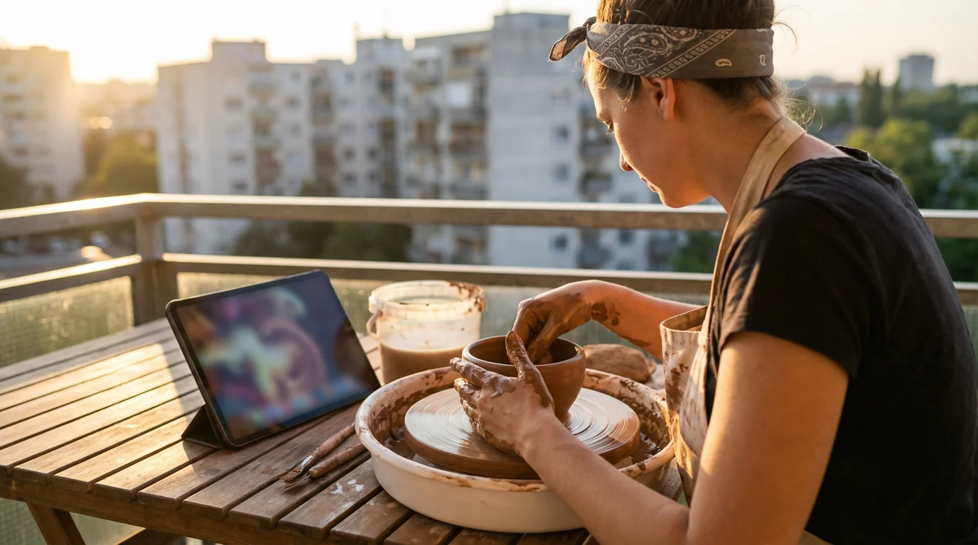A woman learns pottery online with a tablet on a balcony during golden hour.